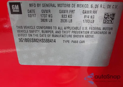 2017 Chevrolet Cruze Lt Auto from USA, damaged, VIN 3G1BE6SM2HS588414